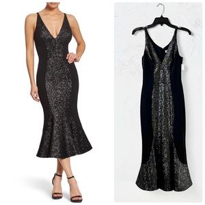 Dress The Population NWT Sequin Kyle Midi Fishtail Sheath Dress in Black/Silver
